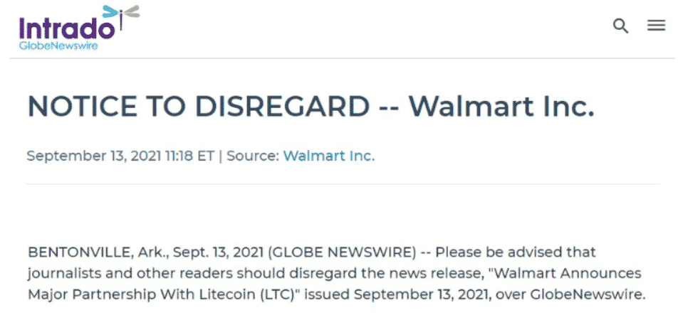 globe neweswire  Walmart-Litecoin Scammer Could Face Harsh Criminal Charges If Busted Globe NewsWires Statement