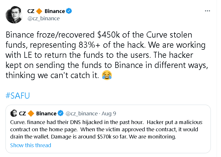 Binance recovers stolen funds from curve finance